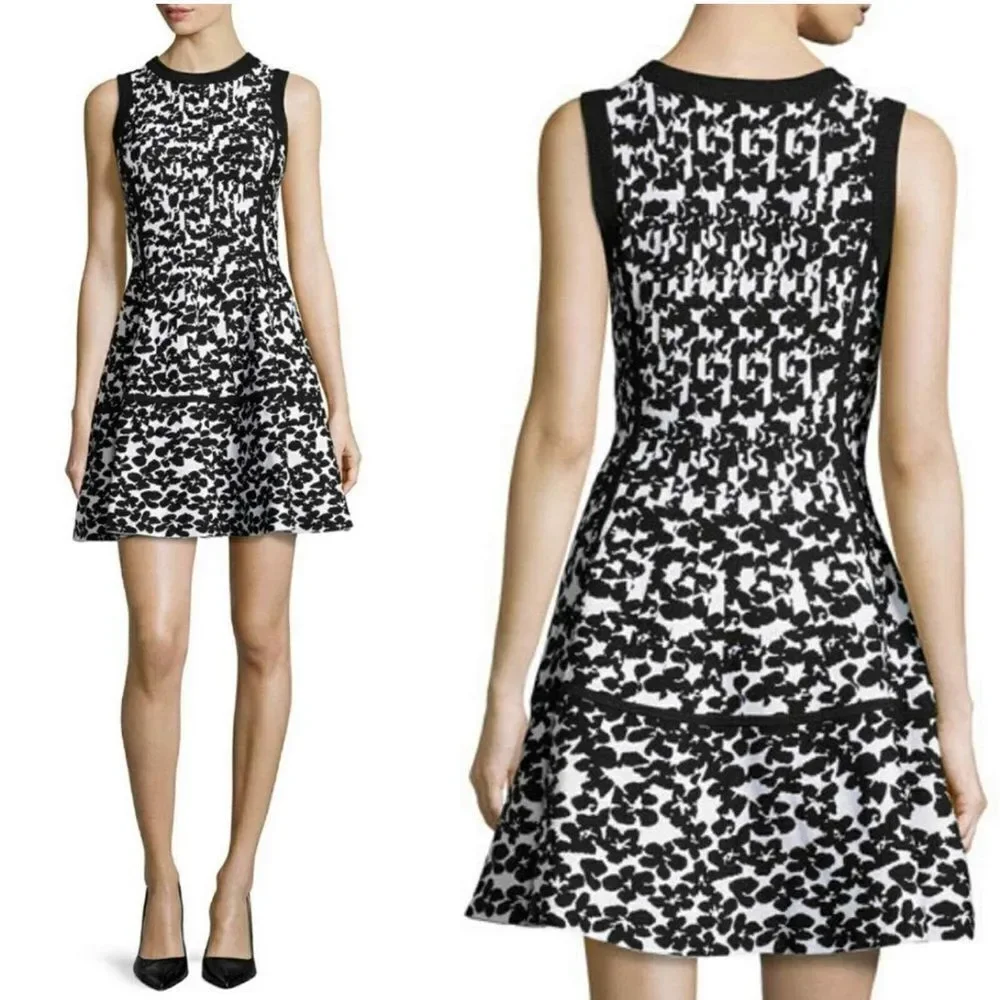 Kate Spade black and white floral jacquard knit fit and flare dress
